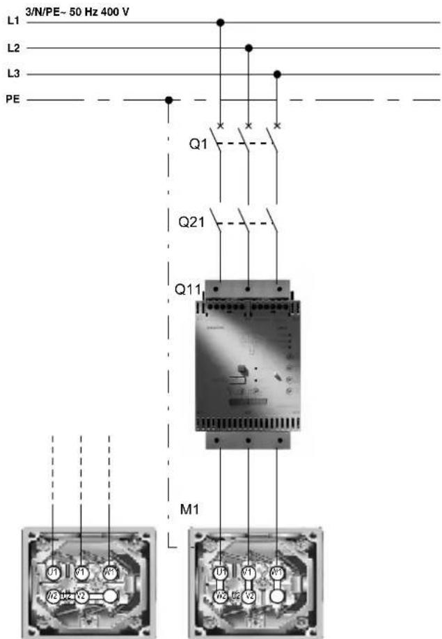 3/N/PE~ 50 Hz 400 V L1 L2 L3 PE Q1 Q21 Q11 M1 J1 Q1 A2 V2 U1 V1 A3 W2 U2 V3