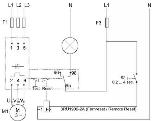 L1 L2 L3 F1 1 3 5 2 4 6 U V W M1 M 3~ N L1 F3 96 98 Test. Reset 95 E1 E2 S2 0.2 ... 4 sec. 3RU1900-2A (Fernreset / Remote Reset) N