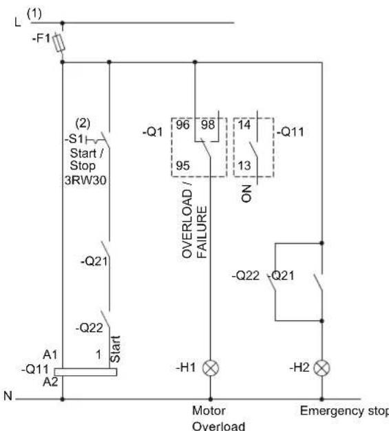 (1) -L -F1 (2) -S1 Start / Stop 3RW30 -Q21 -Q22 A1 -1 Start -A2 N -Q1 96 98 14 95 ON OVERLOAD / FAILURE -Q11 -13 -Q22 -Q21 -H1 -H2 Motor Overload Emergency stop