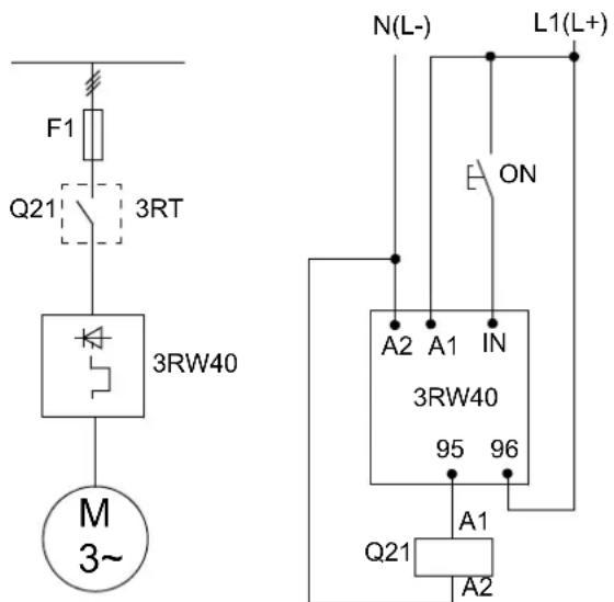 F1 Q21 3RT 3RW40 M 3~ N(L-) L1(L+) ON A2 A1 IN 3RW40 95 96 A1 Q21 A2