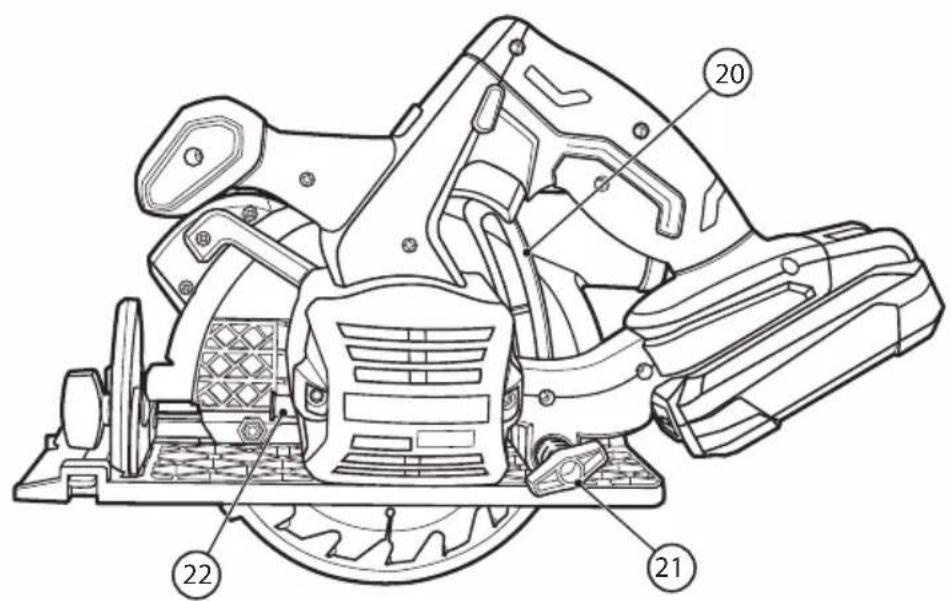Technical diagram of a mechanical device with numbered parts labeled 20, 21, and 22