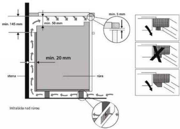 min. 145 mm min. 50 mm min. 20 mm stena rúra min. 5 mm Instalácia nad rúrou