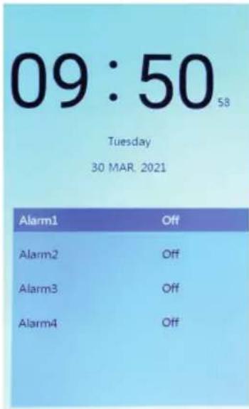09:50 58 Tuesday 30 MAR. 2021 Alarm1 Off Alarm2 Off Alarm3 Off Alarm4 Off