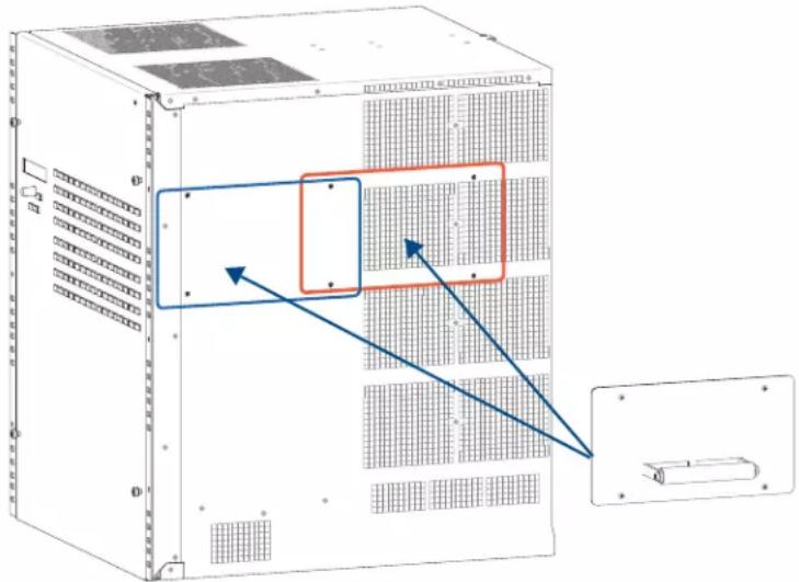 Diagram of an industrial server rack with labeled components and directional arrows indicating assembly or movement.