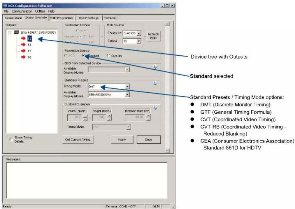 DX Configuration Software File Communication Utilities Help Scaler Mode Scales Override END Programmer HDCP Settings Terminal Outputs Encova DGX 16 (0x0508) 13 14 15 16 Destination Device Unknown Manufacturer ID: N/A 1.2 EDD Source Enclosure: 0x40508 Output 13 Refresh EBID Resolution Source JED Standard Customs EBID from Selected Device Available Display Modes: Standard Presets Timing Mode: DMT Available: 640x480@60Hz Display Modes: Custom Preset / Timing Mode options: DMT (Discrete Monitor Timing) GTF (General Timing Formula) CVT (Coordinated Video Timing) CVT-RB (Coordinated Video Timing - Reduced Blanking) CEA (Consumer Electronics Association) Standard 861D for HDTV Show Timing Details Get Current Timing Apply Save Messages: Ready Terminal COML-OFF NUM