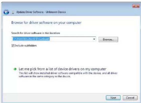 Update Driver Software - Unknown Device Browse for driver software on your computer Search for driver software in this location: - Remove downloads Download Include subfolders Let me pick from a list of device drivers on my computer This list will show installed driver software compatible with the device, and all driver software in the same category as the device. Next Cancel