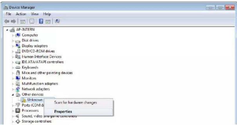 Device Manager File Action View Help AP-INTERN Computer Disk drives Display adapters DVD/CD-ROM drives Human Interface Devices IDE ATA/ATAPI controllers Keyboards Mice and other pointing devices Monitces Multifunction adapters Network adapters Other devices Unknown Ports (COM & Processors Sound, video and game controllers Storage controllers Scan for hardware changes Properties