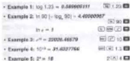 • Example 1: log 1.23 = 0.589905111 • Example 2: ln 90 [ -log_90 ] = 4.49000067 ln x = 1 • Example 3: x^2 = 22026.46579 • Example 4: 10^13 = 31.6337766 • Example 5: 2^2 = 16