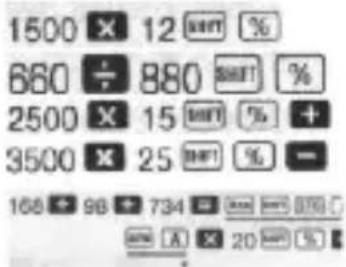1500 × 12 % 660 ÷ 880 % 2500 × 15 % + 3500 × 25 % 168 × 98 + 734 = 20%
