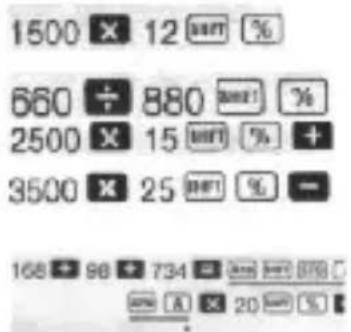 1500 × 12 % 660 ÷ 880 % 2500 × 15 % + 3500 × 25 % - 168 + 98 + 734 = 20%