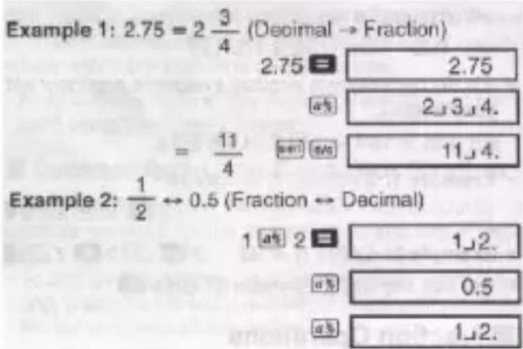 Example 1: 2.75 = 2 3/4 (Decimal → Fraction) 2.75 = 2.75 a% 2,3,4. = 11/4 11,4. Example 2: 1/2 ↔ 0.5 (Fraction ↔ Decimal) 1 a% 2 = 1,2. a% 0.5 a% 1,2.