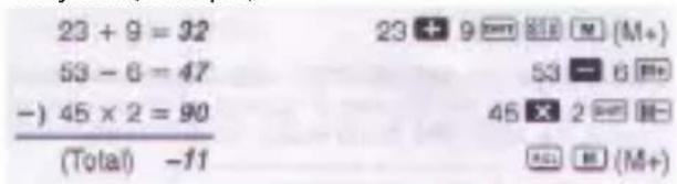 23 + 9 = 32 53 - 6 = 47 -) 45 × 2 = 90 (Total) -11 23 + 9 (M+) 53 - 6 (M+) 45 × 2 (M-) (AGI) (M+)