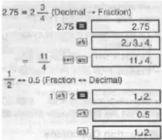 2.75 = 2 3/4 (Decimal → Fraction) 2.75 ■ 2.75 ab 2,3,4. = 11/4 ab 11,4. 1/2 ← 0.5 (Fraction ← Decimal) 1 ab 2 ■ 1,2. ab 0.5 ab 1,2.