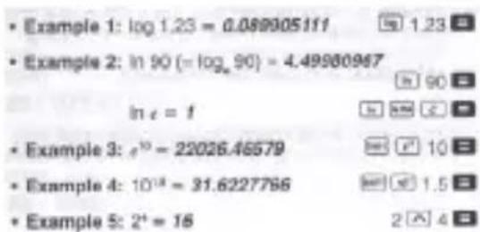 • Example 1: log 1.23 = 0.089905111 • Example 2: ln 90 (= log_90) = 4.49980967 ln e = f • Example 3: e^10 = 22026.46579 • Example 4: 10^18 = 31.6227766 • Example 5: 2^4 = 16