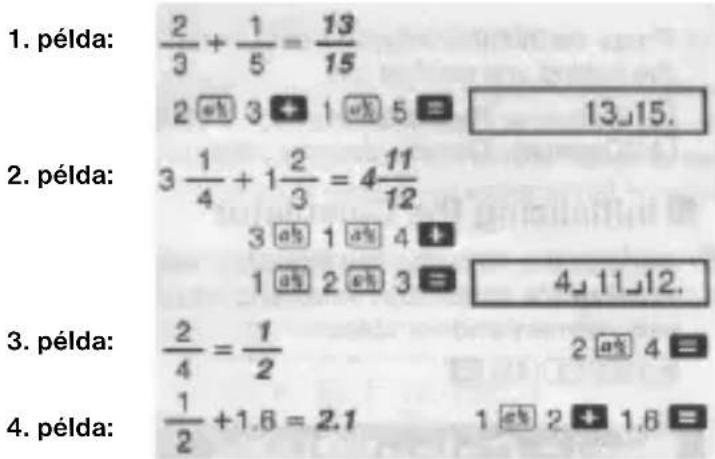 1. példa: 2/3 + 1/5 = 13/15 2 Ⓤh 3 ⊕ 1 Ⓤh 5 = 13,15. 2. példa: 3 1/4 + 1 2/3 = 4 11/12 3 Ⓤh 1 Ⓤh 4 ⊕ 1 Ⓤh 2 Ⓤh 3 = 4,11,12. 3. példa: 2/4 = 1/2 4. példa: 1/2 + 1.6 = 2.1 2 Ⓤh 4 = 1 Ⓤh 2 ⊕ 1.6 =