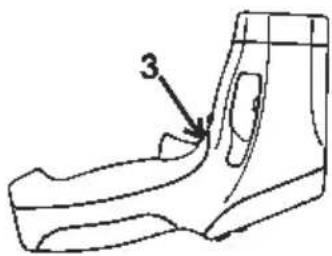 Technical diagram of a shoe component with numbered callouts pointing to specific parts