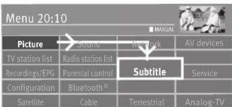 Menu 20:10 Picture Sound Network AV devices TV station list Radio station list Recordings/EPG Parental control Configuration Bluetooth® Service Satellite Cable Terrestrial Analog-TV Subtitle