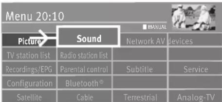 Menu 20:10 Picture Sound Network AV devices TV station list Radio station list Recordings/EPG Parental control Subtitle Service Configuration Bluetooth Satellite Cable Terrestrial Analog-TV