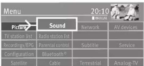Menu 20:10 ■ MANUAL Picture Sound Network AV devices TV station list Radio station list Recordings/EPG Parental control Subtitle Service Configuration Bluetooth® Satellite Cable Terrestrial Analog-TV