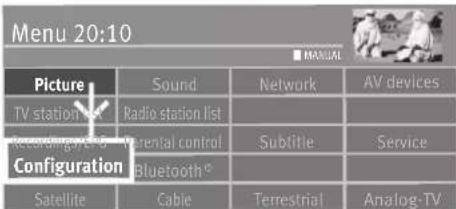 Menu 20:10 ■ MANUAL Picture Sound Network AV devices TV station list Radio station list Recording VAG Potential control Subtilie Service Configuration Bluetooth® Satellite Cable Terrestrial Analog-TV