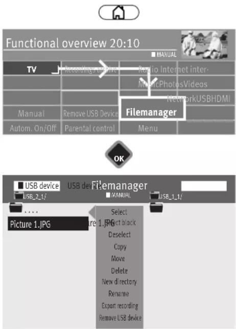 Functional overview 20:10 TV Recording device Radio Internet inter- Music-PhotosVideos NetworkUSBHDMI Manual Remove USB Device Filemanager Autom. On/Off Parental control Menu OK USB device USB de Filemanager USB_2_1/ Picture 1.JPG SELECT Select block Deselect Copy Move Delete New directory Rename Export recording Remove USB device