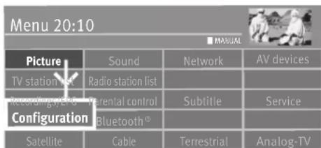 Menu 20:10 ■ MANUAL Picture Sound Network AV devices TV station list Radio station list Recording/4.05 Parental control Subtitle Service Configuration Bluetooth® Satellite Cable Terrestrial Analog-TV