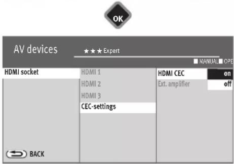 AV devices ★★★ Expert HDMI socket HDMI 1 HDMI 2 HDMI 3 CEC-settings HDMI CEC en Ext. amplifier off BACK