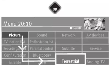 Menu 20:10 PICTURE TV station list Recordings list Configuration Satellite Sound Radio station list Parental control Bluetooth® Cable Network Subtitle Terrestrial AV devices Service Analog-TV