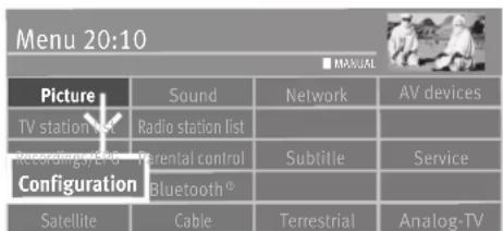 Menu 20:10 ■ MANUAL Picture Sound Network AV devices TV station list Radio station list Recording/4.05 Parental control Subtitle Service Configuration Bluetooth® Satellite Cable Terrestrial Analog-TV