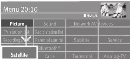 Menu 20:10 ■ MANUAL Picture Sound Network AV devices TV station list Radio station list Recordings/shots Parental control Subtitle Service Satellite Bluetooth® Cable Terrestrial Analog-TV