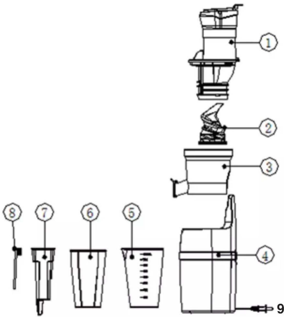 Technical diagram of a blender with numbered parts for identification and assembly reference.