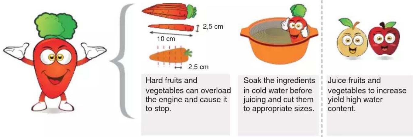 Hard fruits and vegetables can overload the engine and cause it to stop. Soak the ingredients in cold water before juicing and cut them to appropriate sizes. Juice fruits and vegetables to increase yield high water content.