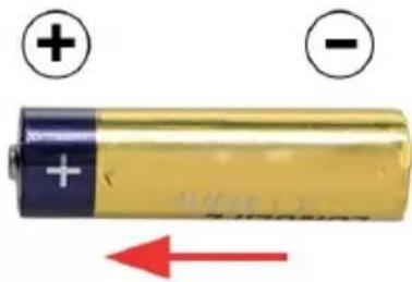 Battery diagram showing positive and negative charges with a red arrow indicating current direction