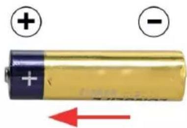 Battery diagram showing positive and negative charges with a red arrow indicating current direction