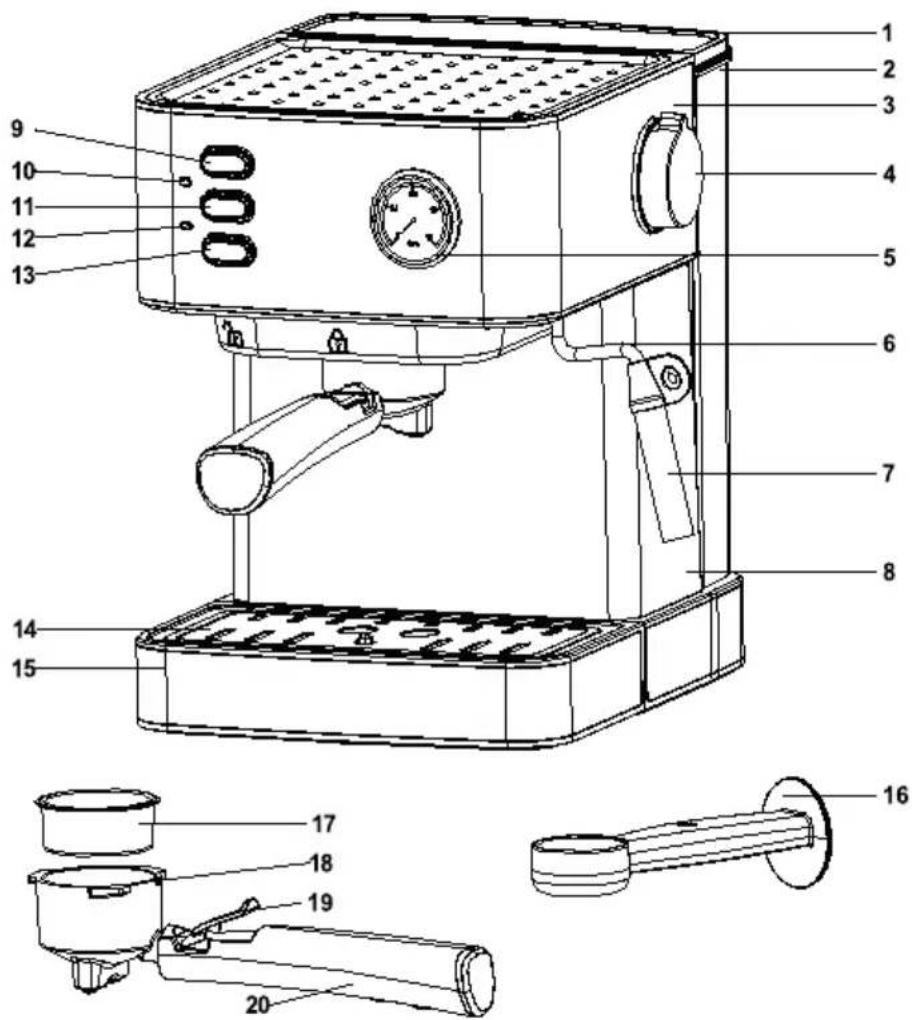 Technical diagram of a coffee maker with numbered parts and exploded view, including control panel, fan, and mechanical components.