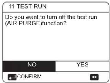 11 TEST RUN Do you want to turn off the test run (AIR PURGE)function? NO YES CONFIRM