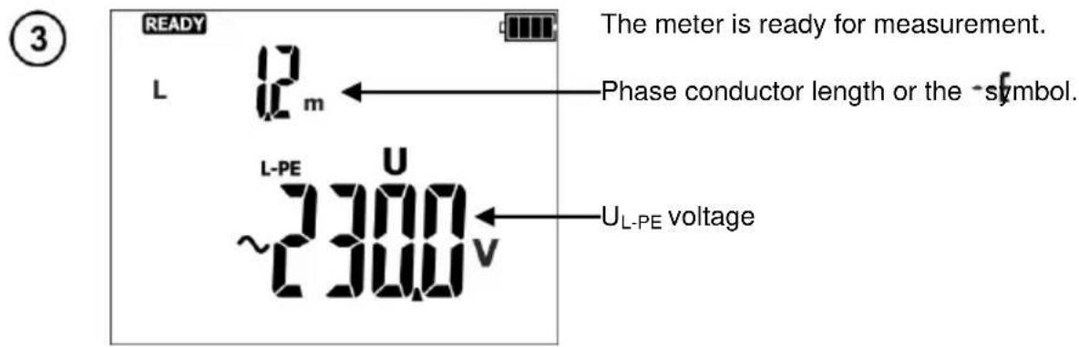 READY L 12 m The meter is ready for measurement. Phase conductor length or the symbol. L-PE U ~2300 V UL-PE voltage