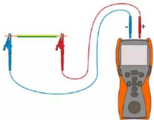 Diagram of a multimeter circuit with labeled probes and connections, showing wiring and measurement setup