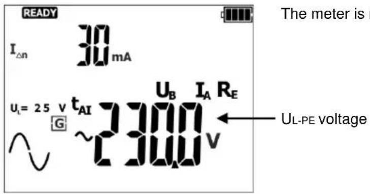 READY I△n 30 mA Uₗ = 25 V tₐᵢ Uₑ Iₐ Rₑ G ~2300 V The meter is UL-PE voltage