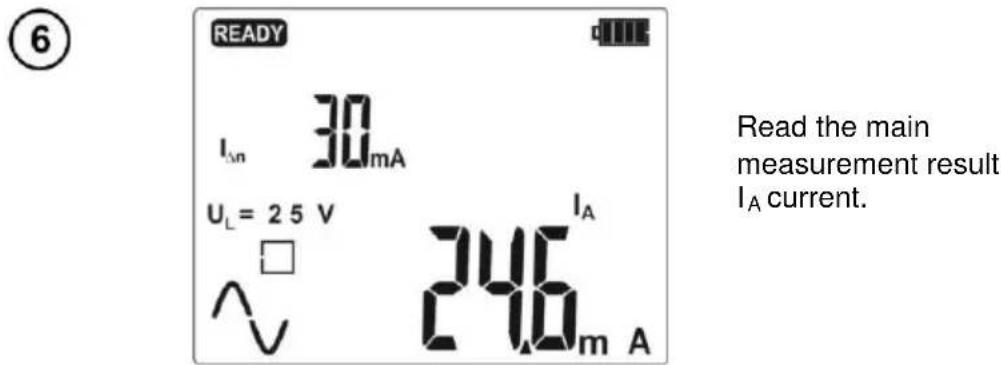 6 READY Iₐₙ 30mA Uₗ = 25 V Iₐ 246 m A Read the main measurement result Iₐ current.