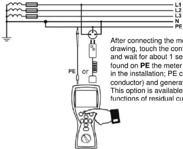 L1 L2 L3 N PE PE or After connecting the me drawing, touch the cont and wait for about 1 sec found on PE the meter in the installation; PE co conductor) and generat This option is available functions of residual cu