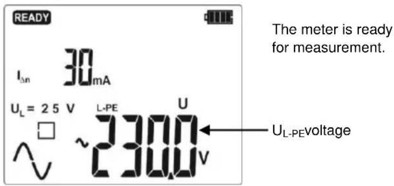 READY IΔn 30mA UL = 25 V L-PE U ~ ~2300V The meter is ready for measurement. UL-PEvoltage