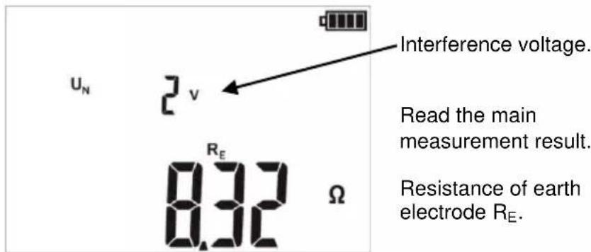 U_N 2 V Interference voltage. Read the main measurement result. Resistance of earth electrode R_E. 8.32 Ω