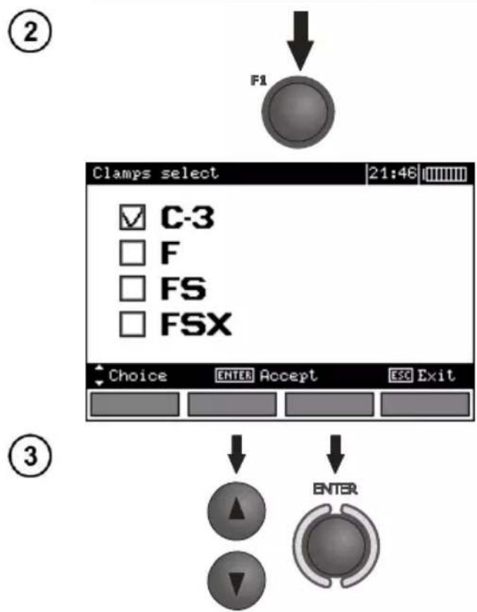 ② F1 Clamps select 21:46 ✓ C-3 □ F □ FS □ FSX Choice ENTER Accept ESC Exit ③ ENTER