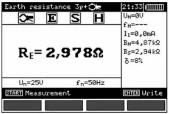 Earth resistance 3p+ 21:33 UN=0V fN=--- I1=0,0mA RH=4,87kΩ Rs=2,94kΩ δ=8% RE=2,978Ω Un=25V fn=50Hz START Measurement ENTER Write