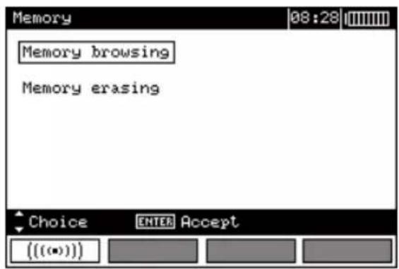 Memory 08:28 Memory browsing Memory erasing Choice ENTER Accept ((*)))