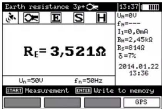 Earth resistance 3p+● 13:37 Uₙ=0V fₙ=--- I₁=0,0mA Rₕ=2,45kΩ Rₛ=814Ω δ=7% 2014.01.22 13:36 Rₑ=3,521Ω Uₙ=50V fₙ=50Hz START Measurement ENTER Write to memory GPS