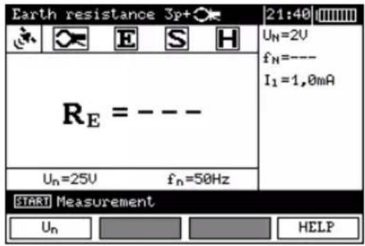 Earth resistance 3p+● 21:40 Uₙ=2V fₙ=--- I₁=1,0mA Rₑ = --- Uₙ=25V fₙ=50Hz START Measurement Uₙ HELP