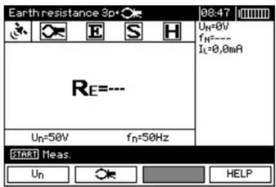 Earth resistance 3p 08:47 UN=0V fN=--- IL=0,0mA RE=--- Un=50V fn=50Hz START Meas. Un HELP