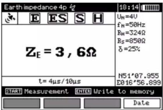 Earth impedance 4p 18:14 Uₙ=4V fₙ=50Hz Rₕ=324Ω Rₛ=850Ω δ=25% Zₑ = 3 , 6Ω t= 4μs/10μs N51'07.955 E016'56.899 START Measurement ENTER Write to memory Date